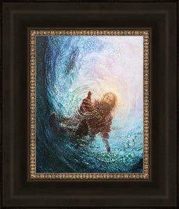 The Hand of God painting & image by Yongsung Kim depicts Jesus walking on water with his hand reaching into the water to save Peter. This painting comes with a dark brown frame and inner gold matting.