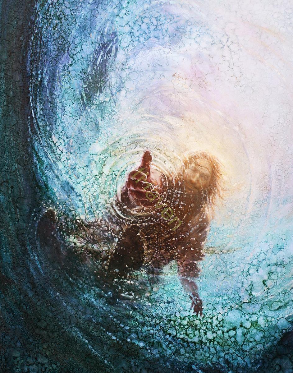 The Hand of God painting depicts Jesus reaching into the water to save Peter - Yongsung Kim | Havenlight | Christian Artwork