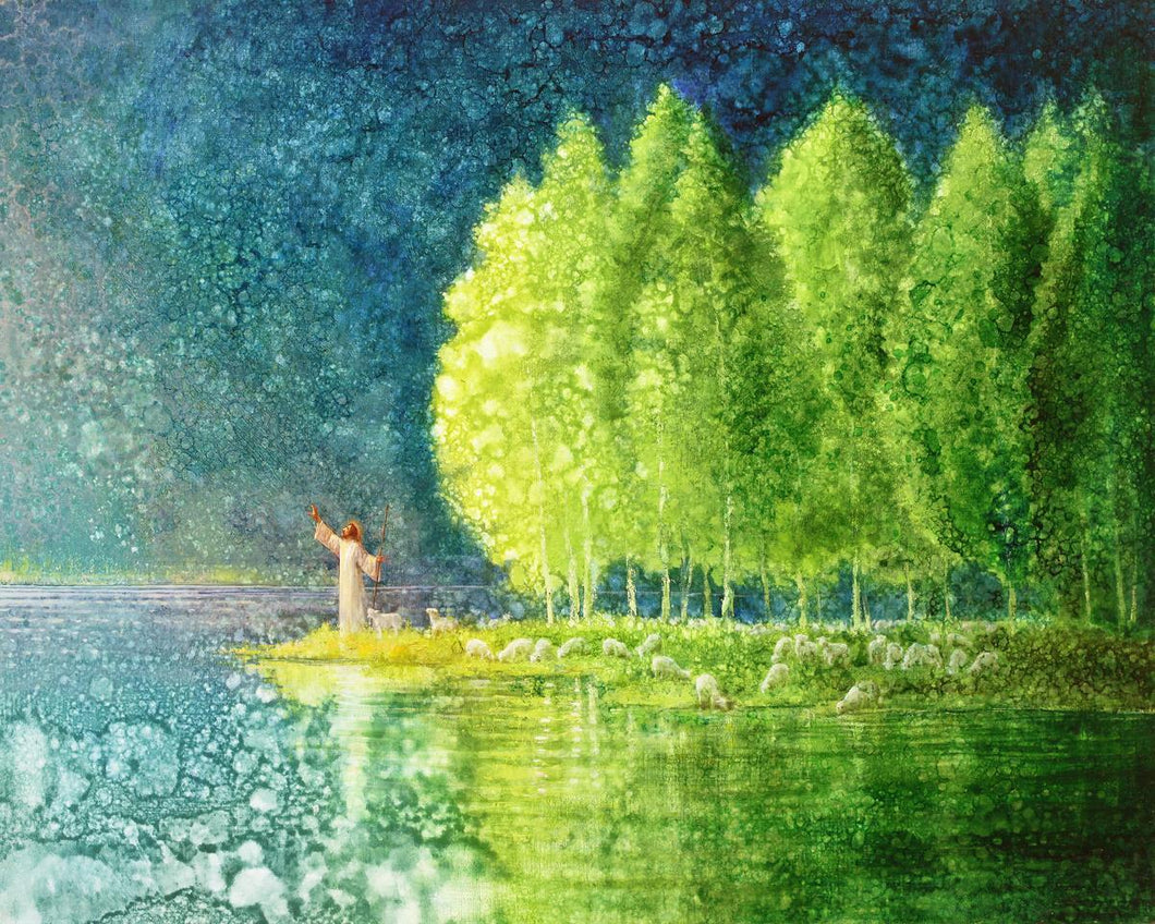 Beside Still Waters is a painting that depicts Jesus Christ with His sheep on the shoreline - Yongsung Kim | Havenlight | Christian Artwork