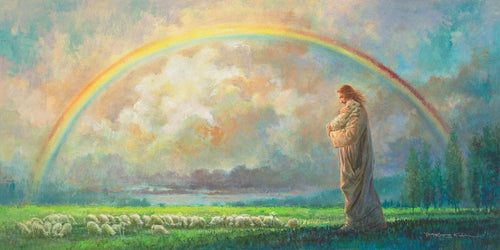 After the Storm is a painting that depicts Jesus Christ looking at a rainbow while holding a little lamb - Yongsung Kim | Havenlight | Christian Artwork